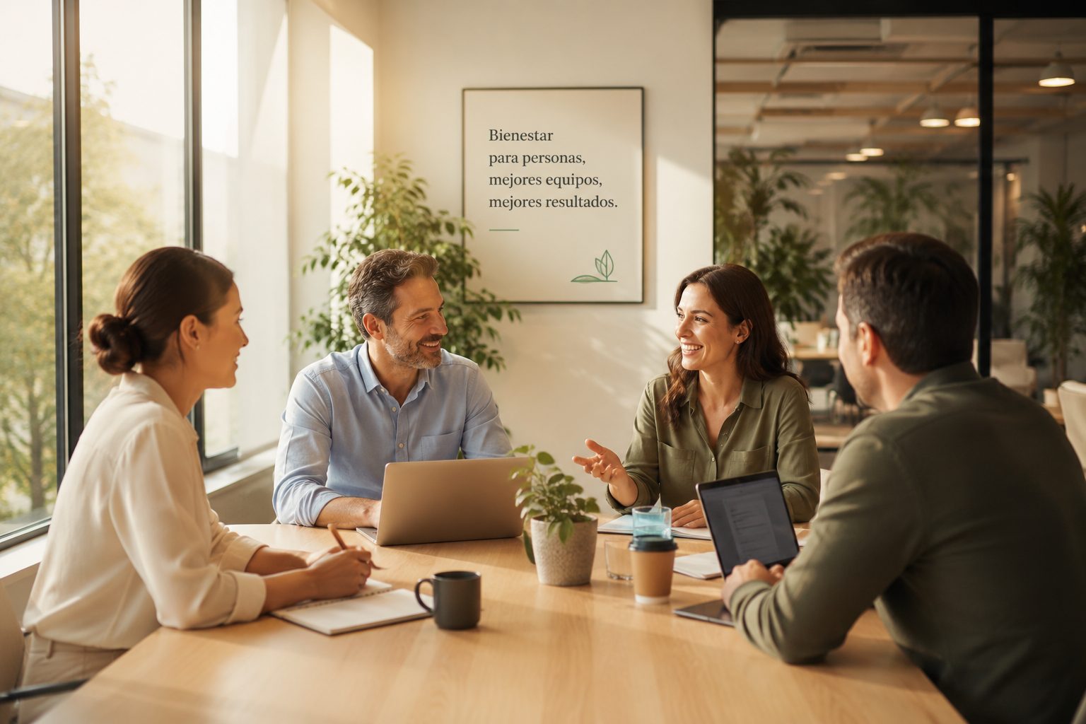 Equipo profesional en una sala de reuniones moderna y luminosa, ambiente colaborativo