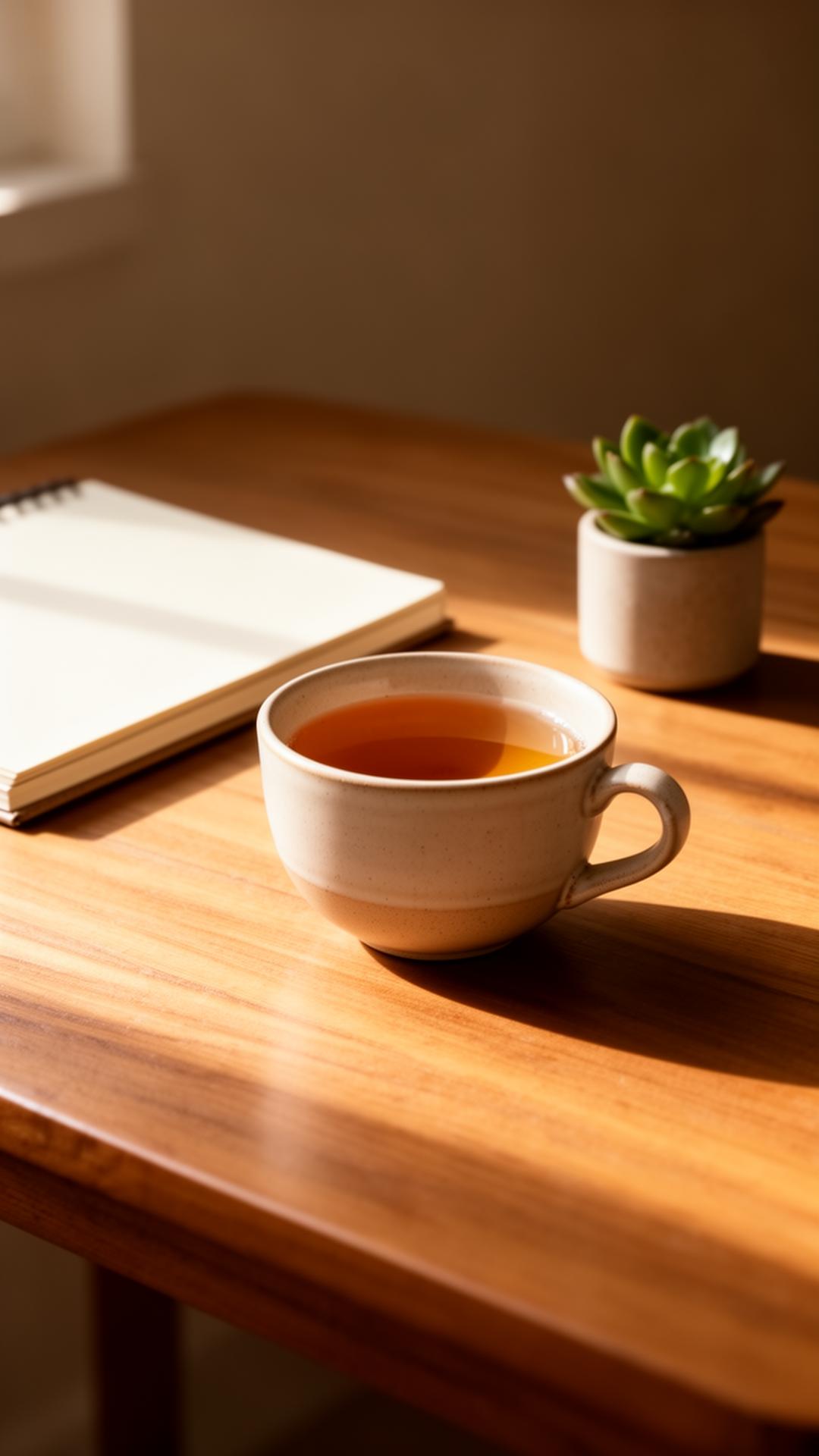 Taza de té sobre una mesa de madera con cuaderno y planta, luz natural cálida