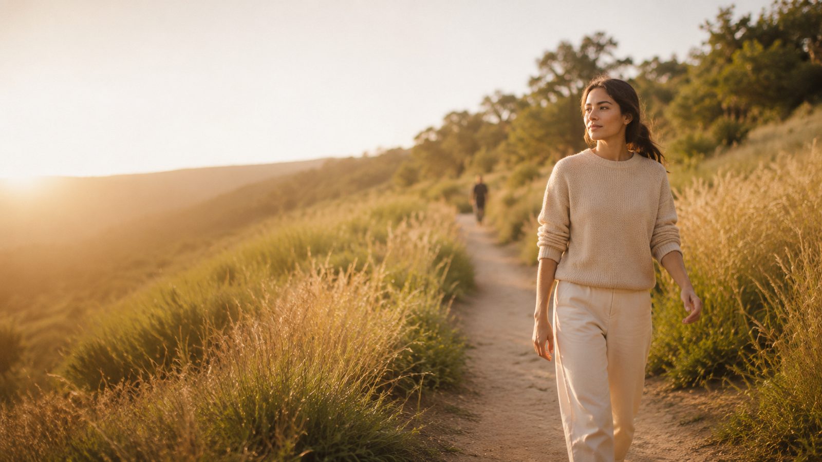 Mujer caminando por un sendero natural con luz cálida — bienestar integral